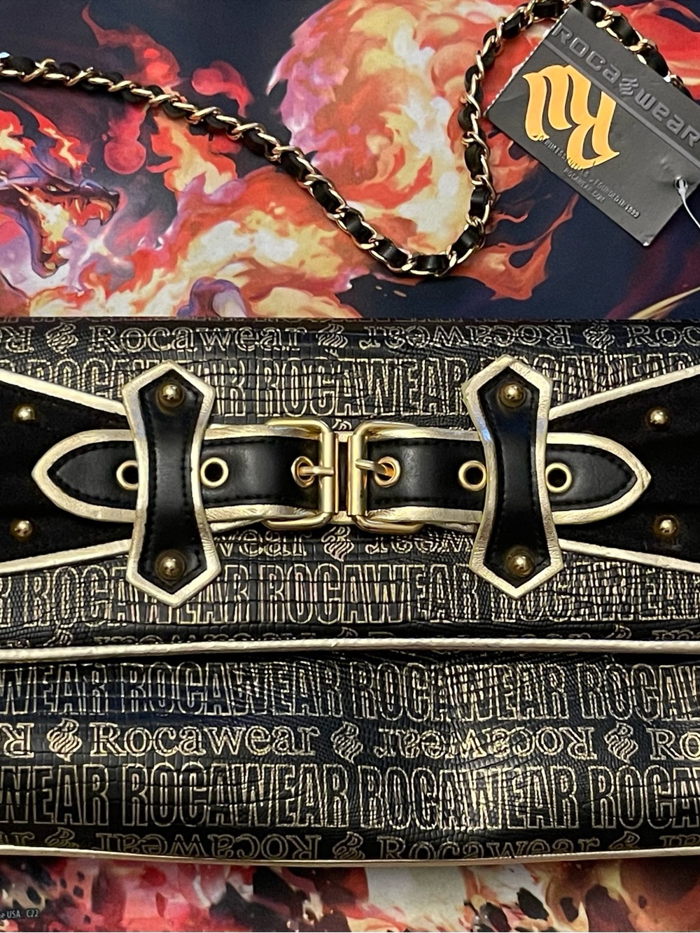 Rocawear Y2K Black Gold Shoulder Bag Purse Chain Strap Buckle Studded Logo RB445
